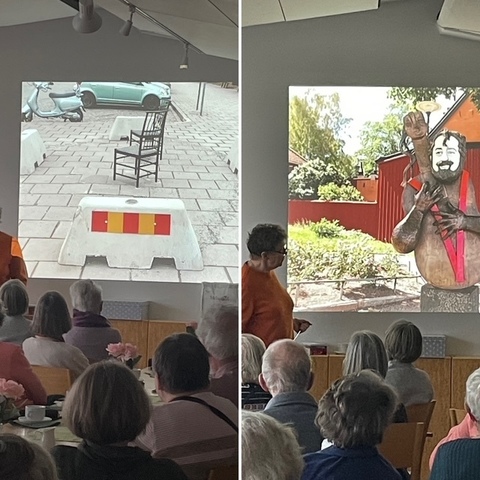 Föreläsningen om Stockholm på trekvart bjöd på många glada skratt när Eva-Karin Gyllenberg berättade om olika inslag i Stockholms offentliga miljö. 