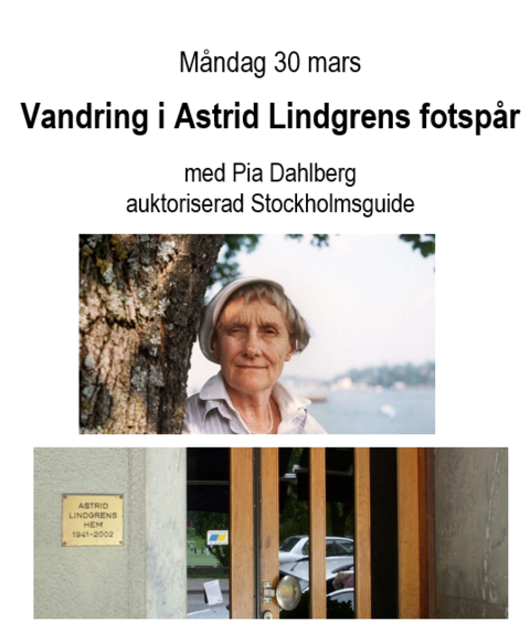 Under cirka 1,5 timme kommer vi att gå förbi och stanna vid platser som betydde något extra för Astrid i den stadsdel där hon bodde i över 70 år. Det blir en blandning av sagor, verklighet, glädje, sorg och händelser som påverkat hennes liv och författarskap.