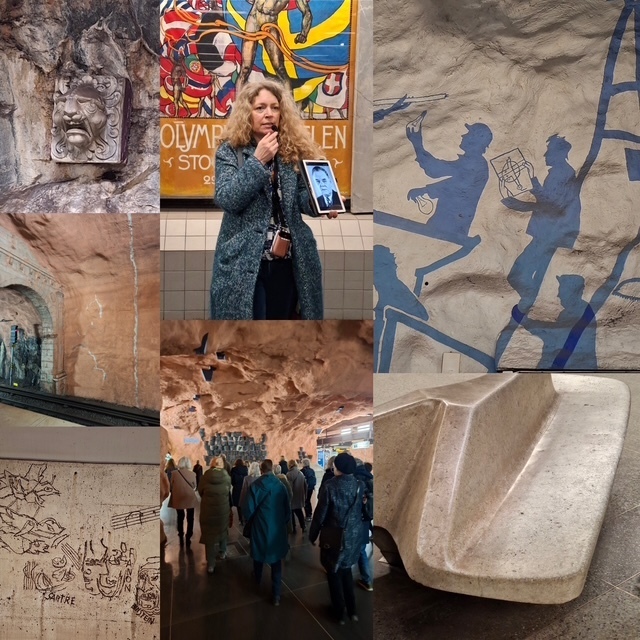 En spännande konstresa i tunnelbanan från Stadion till Kungsträdgården med vår ciceron Victoria Sandels. Stadion med all sin färgprakt och sin kontroversiella affisch, konstnären Siri Derkerts Östermalmstorg, T-Centralen där vi bla fick höra om ¨Kungen som försvann¨ samt om tanken bakom stationens speciella bänkar, Rådhuset där det historiska volymmåttet en parm fins representerat samt slutligen Kungsträdgården som bla ska symbolisera en grotta med rinnande vatten- och - där vi kan hitta gruvdvärgsspindeln Europas minsta spindel.
Resan blev en riktig aha-upplevelse för oss resenärer. Nedan finns en förteckning på de stationer och konstnärer som lyftes fram på turen.